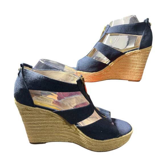 Michael Kors Navy Blue Canvas & Jute Wedge Sandals With Gold Zipper‎ Size 9.5 - Picture 6 of 11
